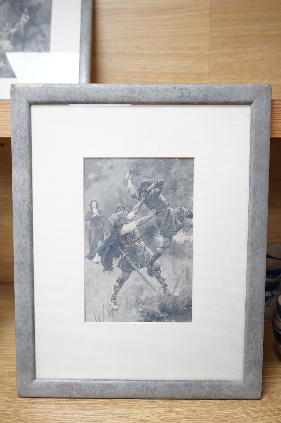 Four original monochrome gouache illustrations from the Twenty-five Swordsmen by Escott Lynn, illustrated by Percy Tarrant, each 19 x 12cm